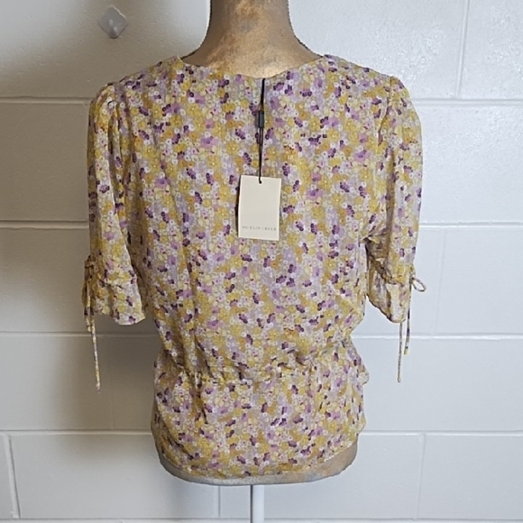 Yellow & Lavendar Floral Peplum Button Up Blouse with Flutter Sleeves Low V-Neck - Picture 2 of 9
